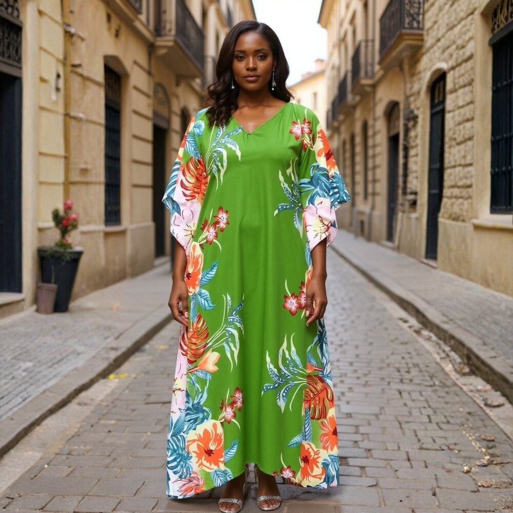 Women Floral Kaftan Summer Dress Green Maxi by Gypsie Blu